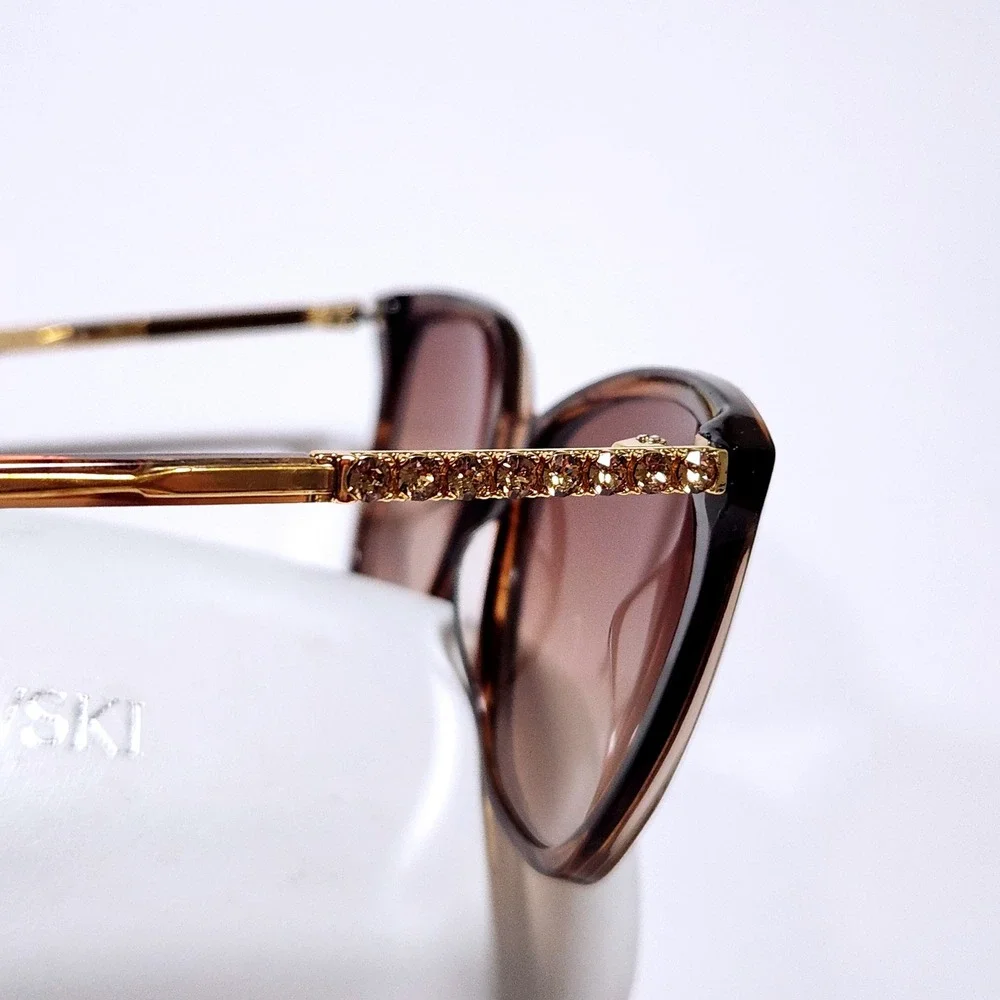 Swarovski Brown Tortoiseshell Cat Eye Sunglasses with Crystal Temples and Case